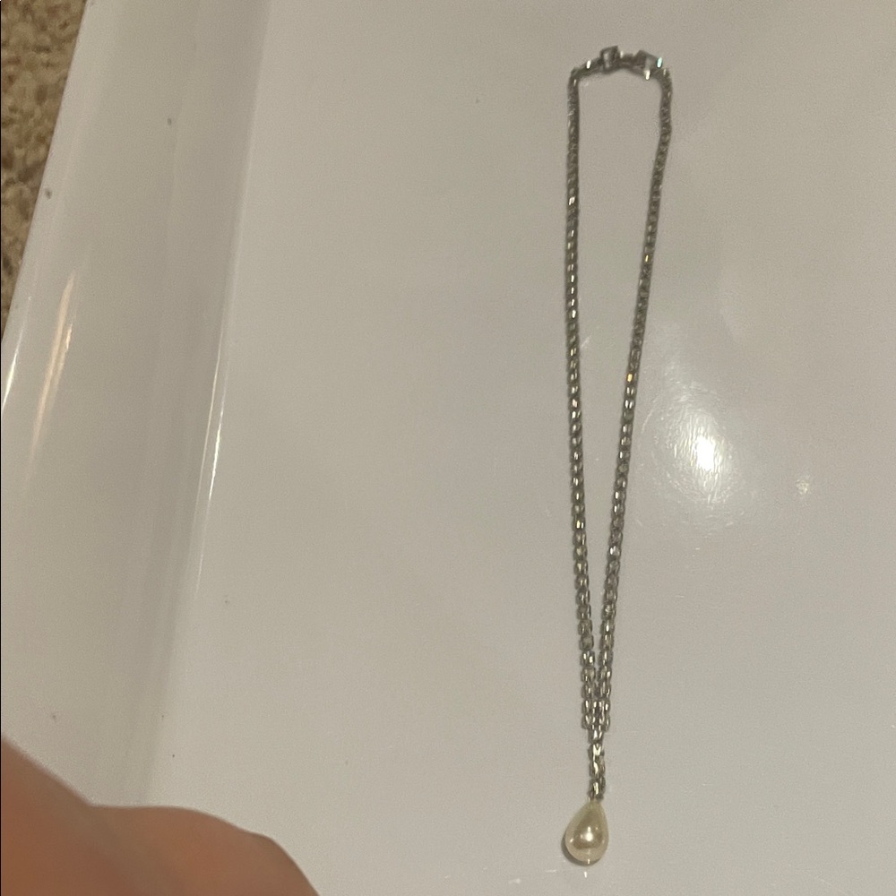 Silver Chain Necklace with Pearl Teardrop Pendant